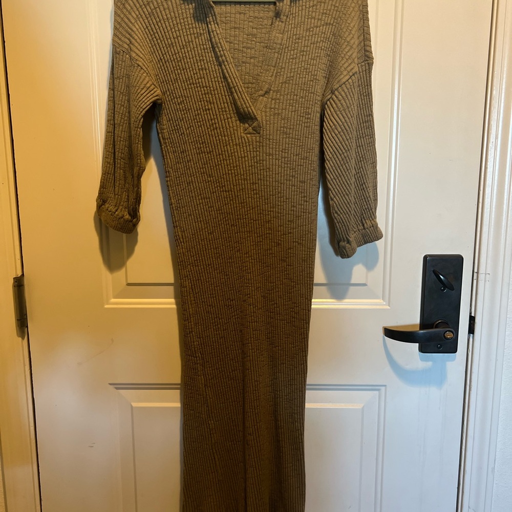 FP Beach Ribbed Collared V Neck Dress in Heathered Olive Green